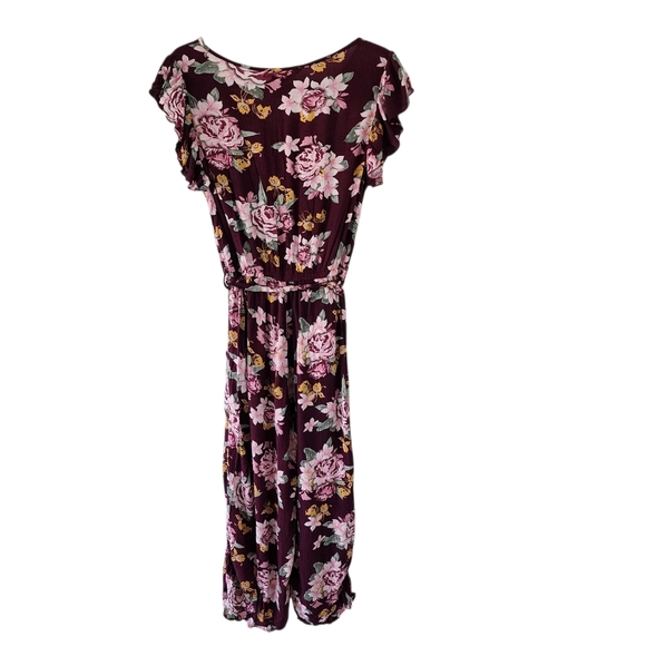 Hot Kiss Jumpsuit Junior Womens Medium Burgundy Pink Floral Cropped Belted Flowy - Picture 2 of 5